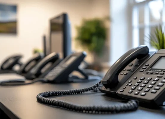 moderna-scrivania-da-ufficio-con-piu-telefoni-da-ufficio-neri-una-pianta-vaso-e-un-monitor-per-computer-sullo-sfondo_web